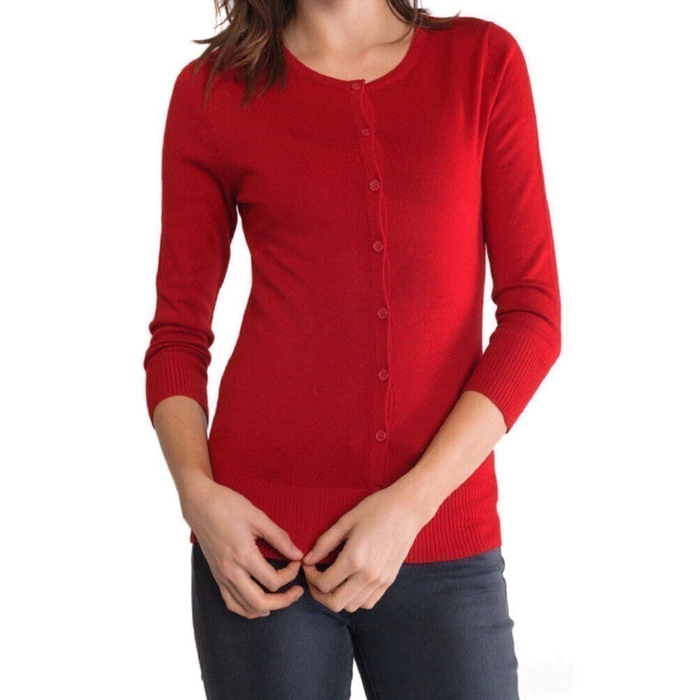 Classic Red Button Up Cardigan Sweater 3/4 Length Sleeve Plus Size 2X - Hey Viv